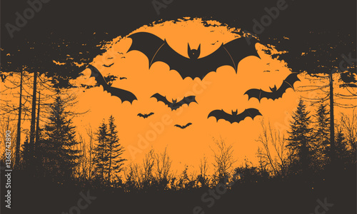 Spooky halloween night with flying bats over forest silhouette - vector