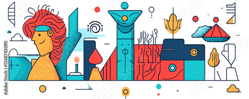 Abstract geometric art with human face and architectural elements, vector