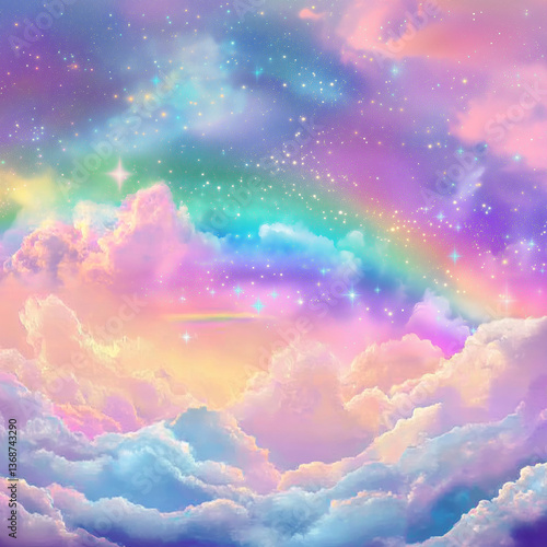 Holographic fantasy rainbow background with clouds and stars. Pastel color sky.Cloudy sky background. Unicorn fantasy pastel galaxy. Rainbow cute wallpaper. Fluffy magic pink landscap 