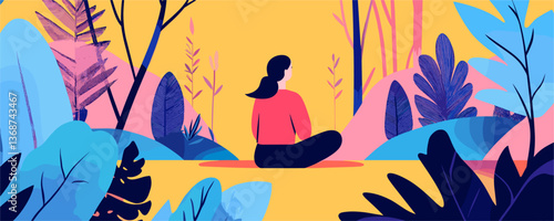 Woman meditating in vibrant nature scene with bold colors - vector