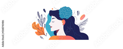Conceptual female portrait with brain and nature elements - vector