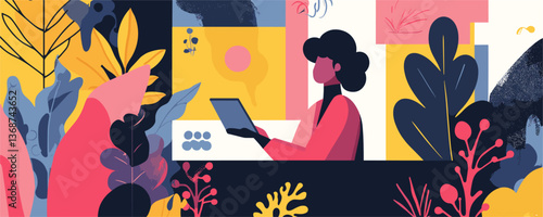 Abstract workspace with laptop and foliage, vibrant colors vector