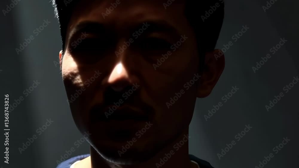 Dramatic lighting shifts on a man's face showcasing emotion and mystery Dramatic lighting shifts on a man's face showcasing emotion and mystery