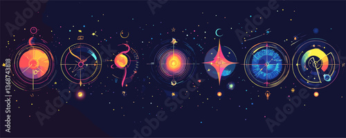 Cosmic alignment of celestial symbols in galaxy art - vector