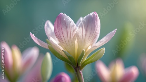 Close-up of a delicate, pink and white flower blooming against a blurred backdrop