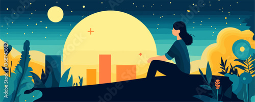 Woman relaxing in nature under moonlit sky with stars and city in background, digital vector