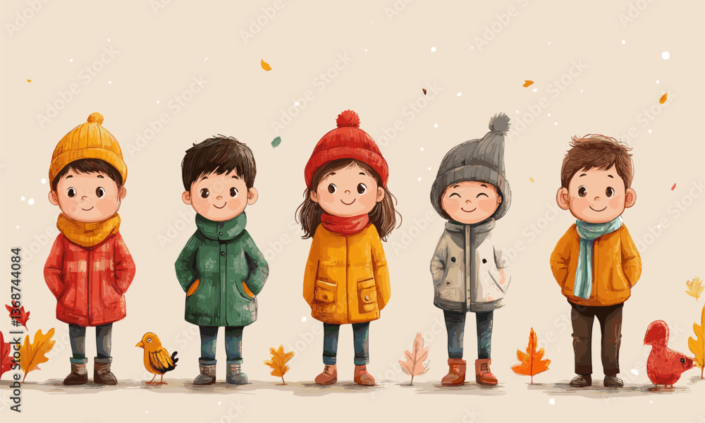 Adorable children in autumn attire with falling leaves and woodland animals - vector Adorable children in autumn attire with falling leaves and woodland animals - vector