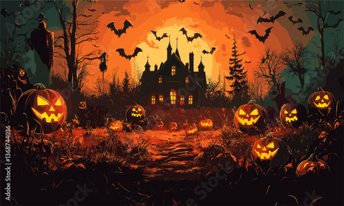 Spooky halloween night with haunted house, glowing pumpkins, and bats in vector