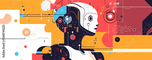 Futuristic robot with geometric abstract background in colorful vector