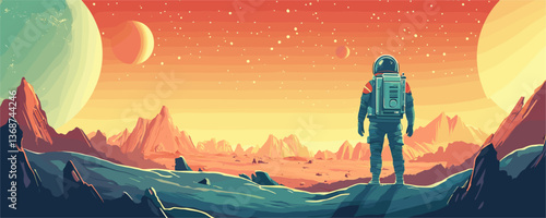 Astronaut gazing at alien planetary landscape with two moons, colorful sky, and mountains – vector