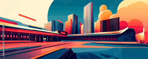 Futuristic cityscape with modern architecture and skyscrapers at sunset - vector