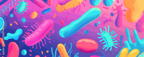 Colorful microorganisms under microscope on gradient background, scientific art vector