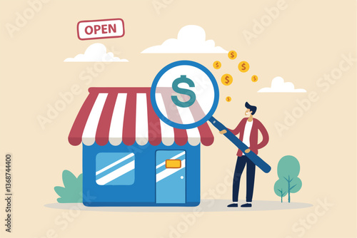 Business evaluation, analyze company worth or market value, merger and acquisition to determine corporate valuation, revenue profit or earning concept, businessman evaluate company with dollar money.