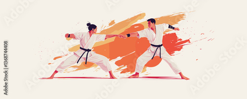 Karate sparring scene with two martial artists in action – vector