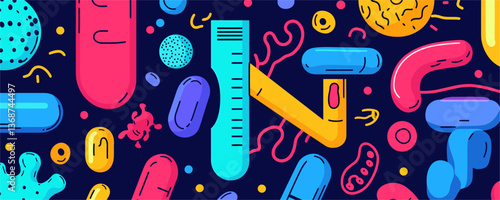 Colorful laboratory equipment and microbes pattern on dark background, vector