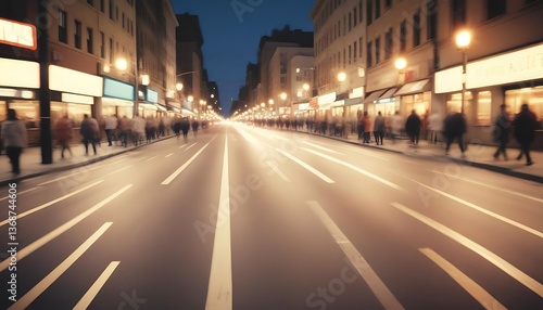 Street scene at night with blurred people walking in town