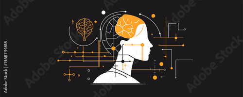Abstract human head with brain and circuit patterns on black background vector