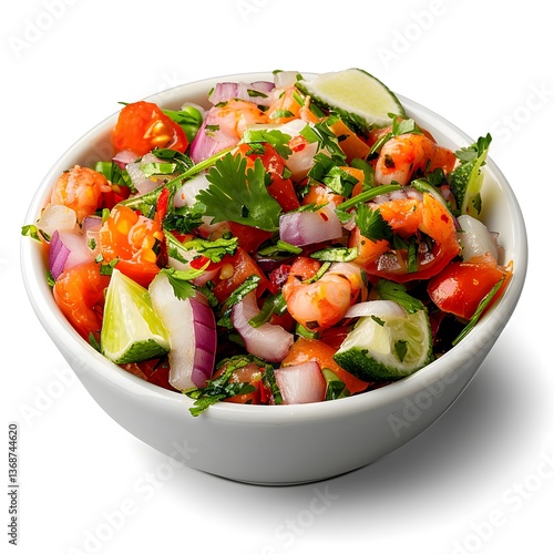 Shrimp ceviche with tomato, cucumber, red onion, lime and cilantro in white ceramic bowl isolated on white background. Studio food photography. Seafood and fresh salad concept. Design for poster