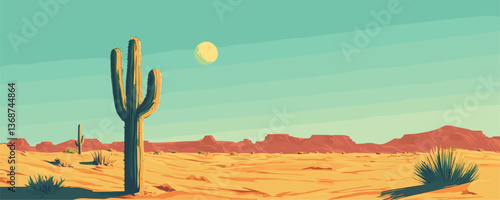 Desert landscape with cactus and sun under clear sky – vector