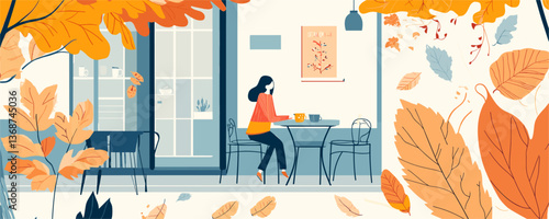 Woman having coffee at outdoor cafe in autumn setting, surrounded by falling leaves, vector