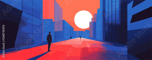 Futuristic urban landscape at sunset with silhouetted figures - vector