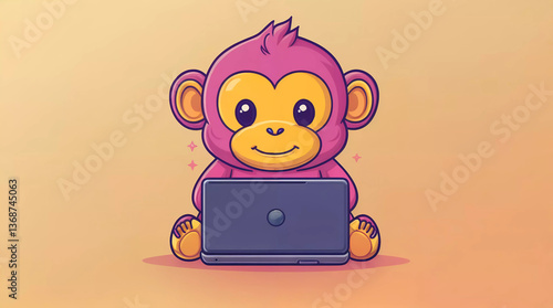 Portrait illustration of a monkey using a laptop computer on a desktop
