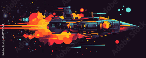 Futuristic spaceship with vibrant colors in cosmic setting – vector