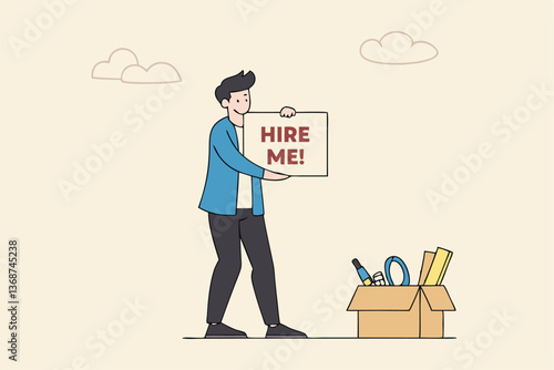 Hire me looking for job, unemployed or layoff employee, candidate searching for new work career, job seeker or applicant find vacancy concept, unemployed businessman holding sign hire me to employer.