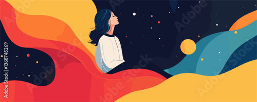 Dreamy woman sitting in colorful abstract landscape with night sky - vector