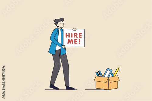 Hire me looking for job, unemployed or layoff employee, candidate searching for new work career, job seeker or applicant find vacancy concept, unemployed businessman holding sign hire me to employer.