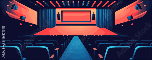 Empty cinema hall with red and blue lighting, large screen, and rows of seats, vector