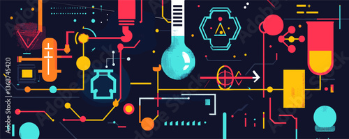 Futuristic scientific elements on dark background with geometric shapes and lab icons - vector