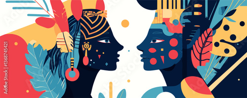 Colorful abstract portraits of two african women facing each other – art design vector