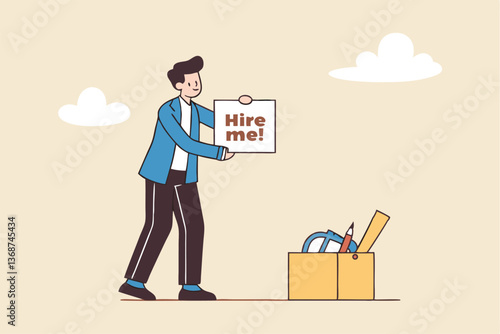 Hire me looking for job, unemployed or layoff employee, candidate searching for new work career, job seeker or applicant find vacancy concept, unemployed businessman holding sign hire me to employer.
