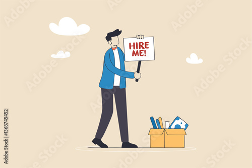 Hire me looking for job, unemployed or layoff employee, candidate searching for new work career, job seeker or applicant find vacancy concept, unemployed businessman holding sign hire me to employer.