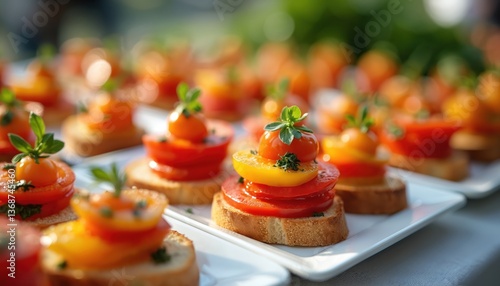 Gourmet catering options. Delicious appetizers arranged on catered table, perfect for corporate events. Beautifully arranged tasty dishes. Buffet selection display. Food and drinks on party reception.