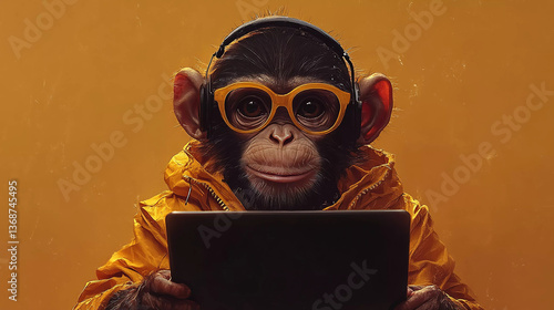 Portrait illustration of a monkey using a laptop computer on a desktop