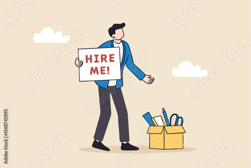 Hire me looking for job, unemployed or layoff employee, candidate searching for new work career, job seeker or applicant find vacancy concept, unemployed businessman holding sign hire me to employer.