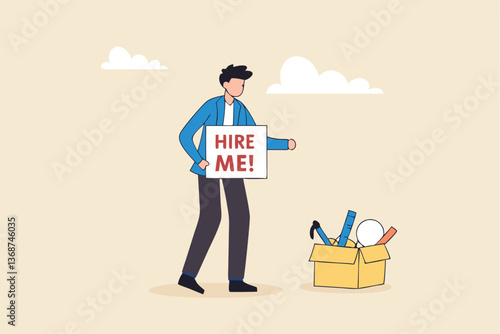 Hire me looking for job, unemployed or layoff employee, candidate searching for new work career, job seeker or applicant find vacancy concept, unemployed businessman holding sign hire me to employer.