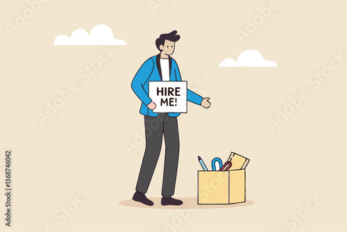 Hire me looking for job, unemployed or layoff employee, candidate searching for new work career, job seeker or applicant find vacancy concept, unemployed businessman holding sign hire me to employer.