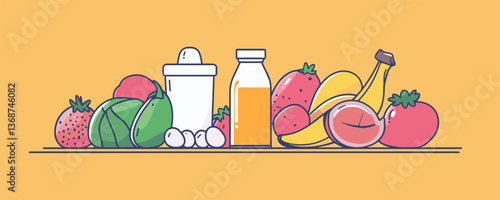Fresh fruits and vegetables with juice bottle on yellow background, vector