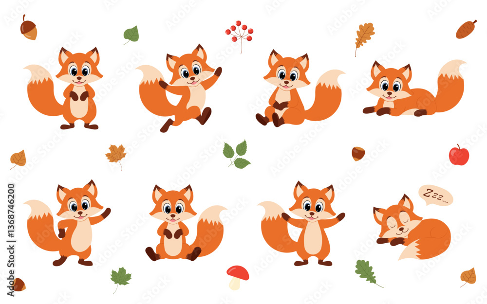 Obraz premium Cute animal fox set characters. Fox in various poses. Fox running, standing, jumping and sleeping. Forest wild animals.