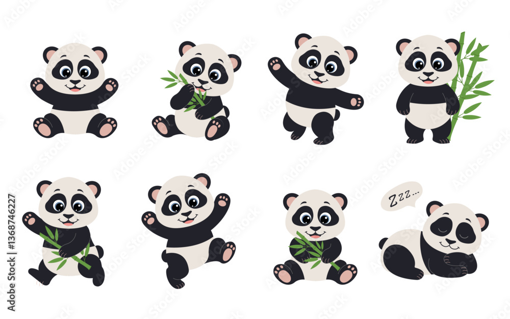 Naklejka premium Cute animal panda set characters. Panda with bamboo in various poses. Panda running, standing, jumping and sleeping. Forest wild animals.