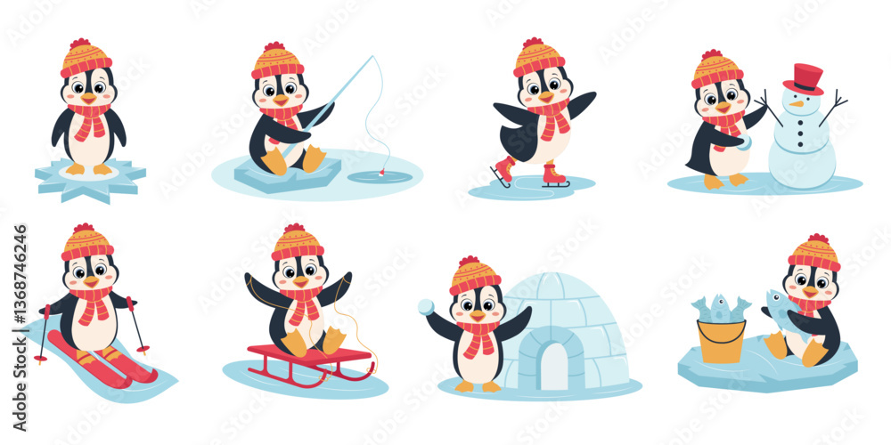 Cute animal penguin set characters. Cute penguin in different situations. Cute animal penguin set characters. Cute penguin in different situations.