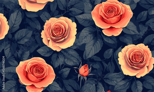Seamless pattern of red roses and leaves on dark background - floral art vector