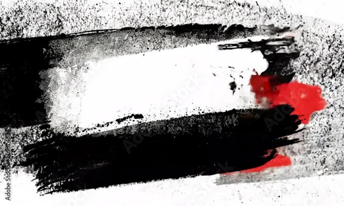 A bold abstract painting featuring rough black brushstrokes across a textured white background, accented with a splash of vivid red—expressive and raw, evoking intensity and contrast