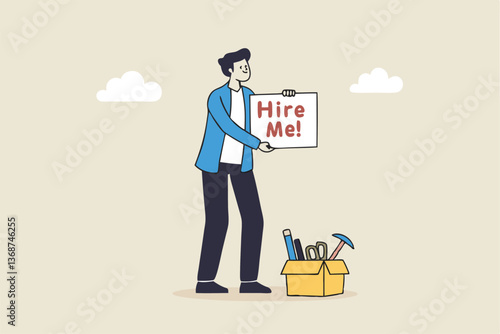 Hire me looking for job, unemployed or layoff employee, candidate searching for new work career, job seeker or applicant find vacancy concept, unemployed businessman holding sign hire me to employer.