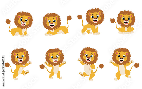 Cute animal lion set characters. Cute lion in various poses. Lion running, standing, jumping. Forest wild animals.