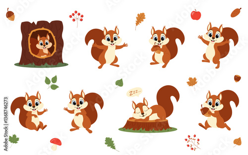Cute animal squirrel set characters. Squirrel in various poses. Squirrel running, standing, jumping and sleeping. Forest wild animals.