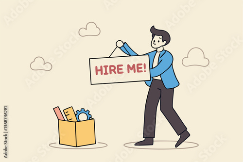 Hire me looking for job, unemployed or layoff employee, candidate searching for new work career, job seeker or applicant find vacancy concept, unemployed businessman holding sign hire me to employer.
